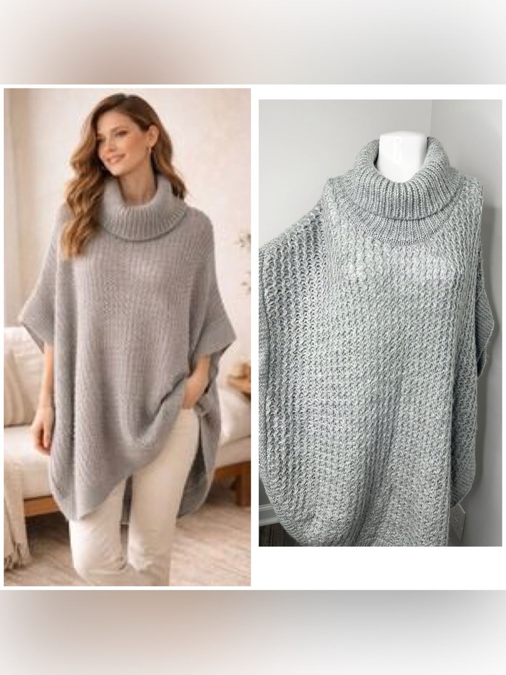 LC Lauren Conrad Light Gray Turtleneck Poncho Sweater-OS